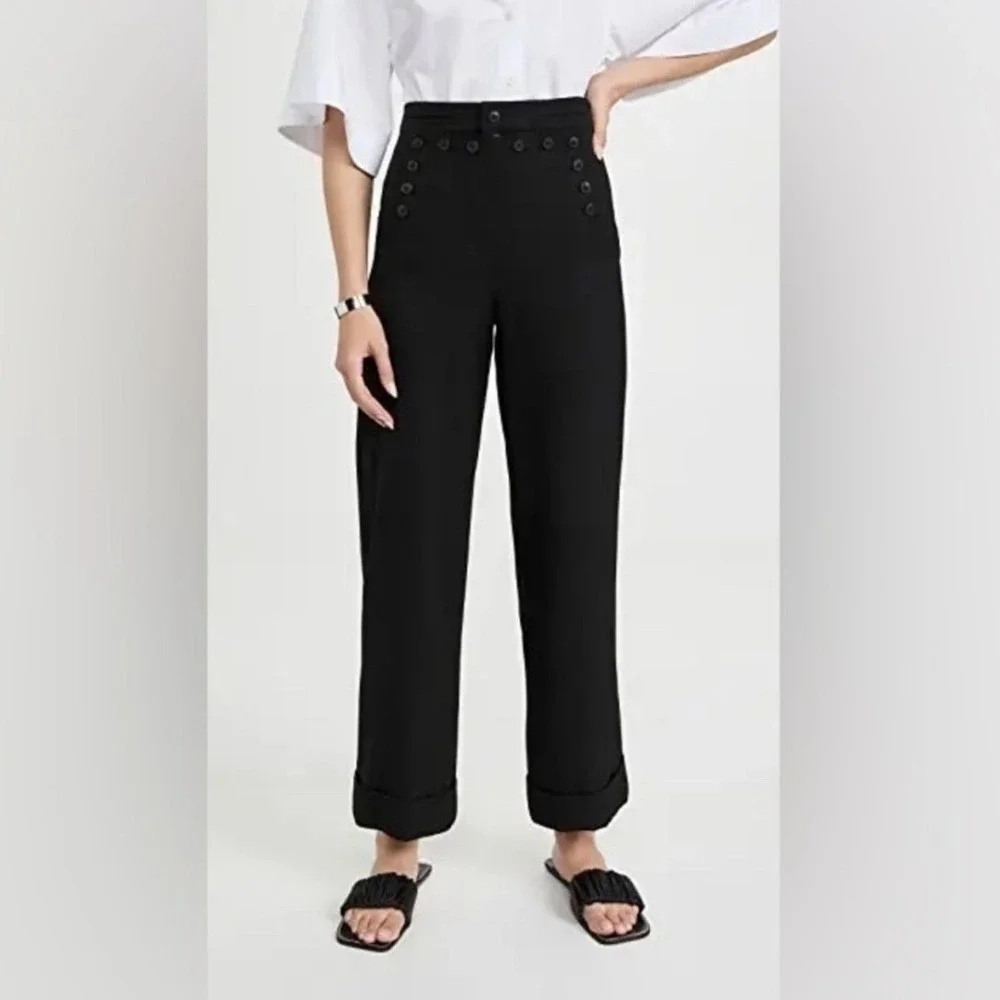 Tory Burch Black Moleskin Cotton Sailor Pants Wide Leg Cuffed 8 Minimal Preppy